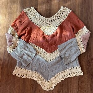💕Bohemian Crochet Trim Color block Women’s  Top V Neck Festival Concert